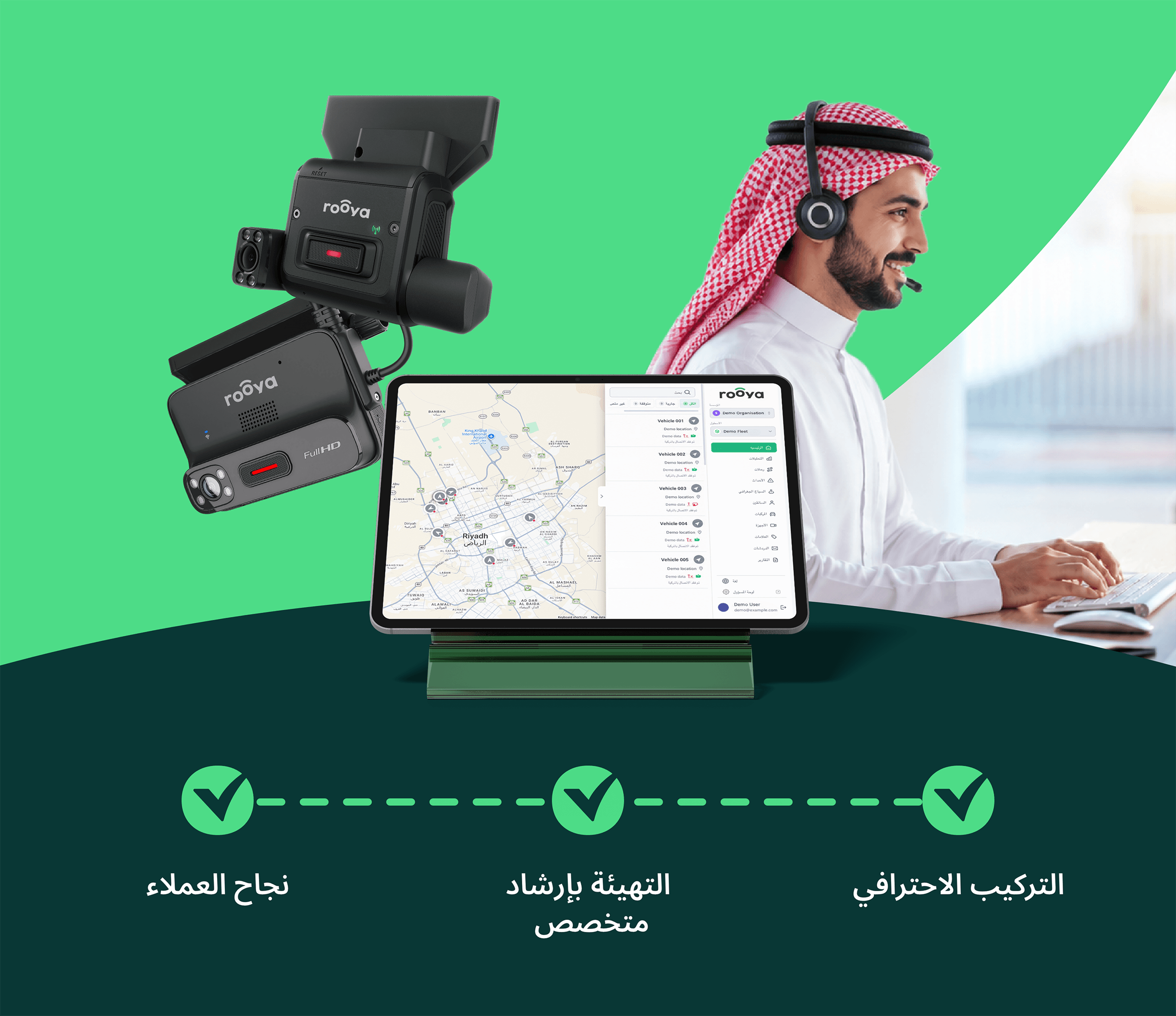 تُرسَل لقطات كاميرا السيارة «رويا» وبيانات المركبة إلى منصة إدارة الأسطول