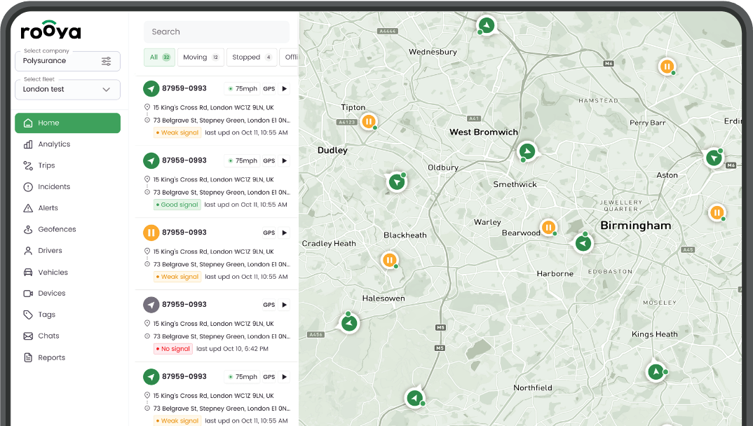 Rooya Behaviour Intelligence Platform showing live tracking, incidents, coaching and geofencing