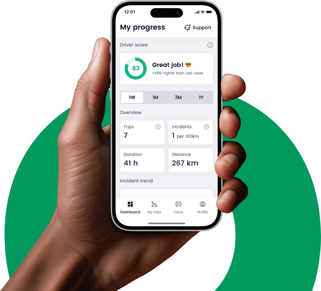 Rooya driver and fleet manager app showing trips, performance and incident review